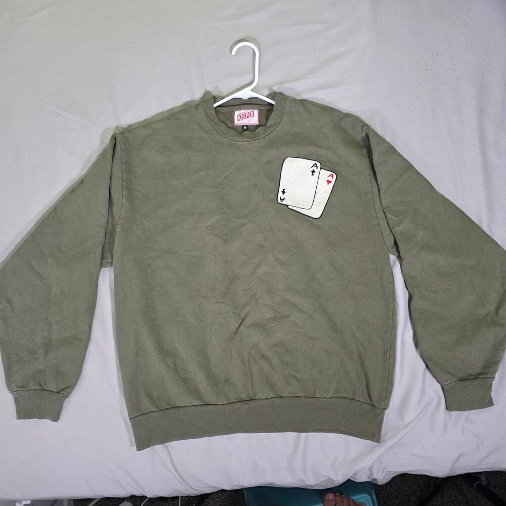 You're a Keeper Olive Green Embroidered Playing Cards Sweatshirt Size M